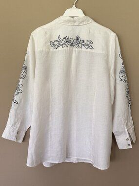 Embroidered White Irish Linen Button Shirt Women 2X Beachy Floral Edward Resort